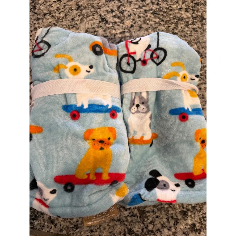 Deborah Connolly Designs Tip Towel Set 2 Pack Dogs on Skateboards Blue Plush NWT